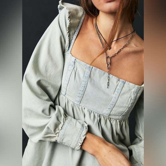 Nwot | Free People About You Denim Babydoll Tunic Dress Top | Large - Picture 2 of 7